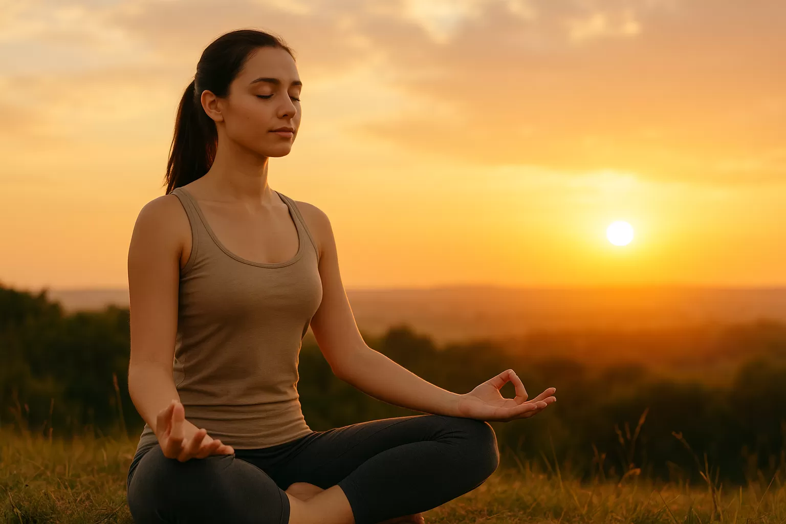 Pessoa praticando yoga em um parque, símbolo do controle do estresse e equilíbrio mental.