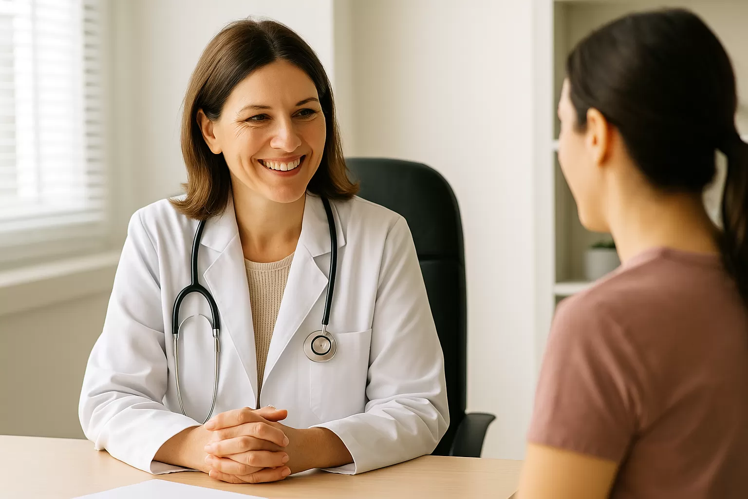 Consulta ginecológica em consultório iluminado, médica orienta paciente.