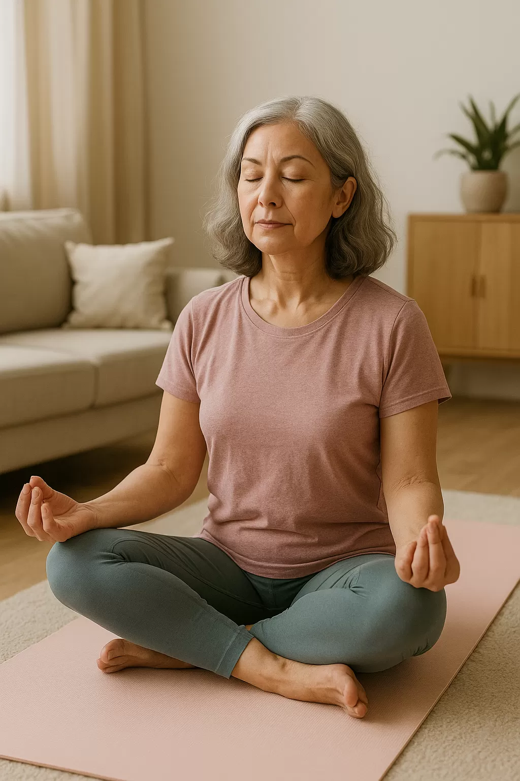 Mulher madura praticando yoga em sala iluminada, expressão serena.