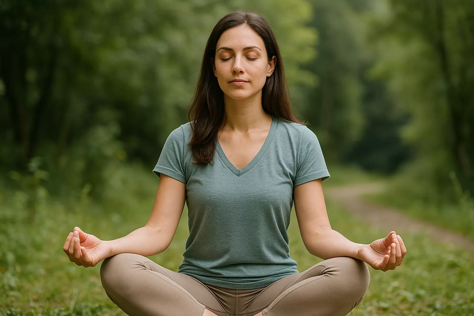 Mulher meditando ao ar livre, luz suave e ambiente natural.