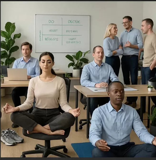 Equipe colaborando em um ambiente de trabalho saudável