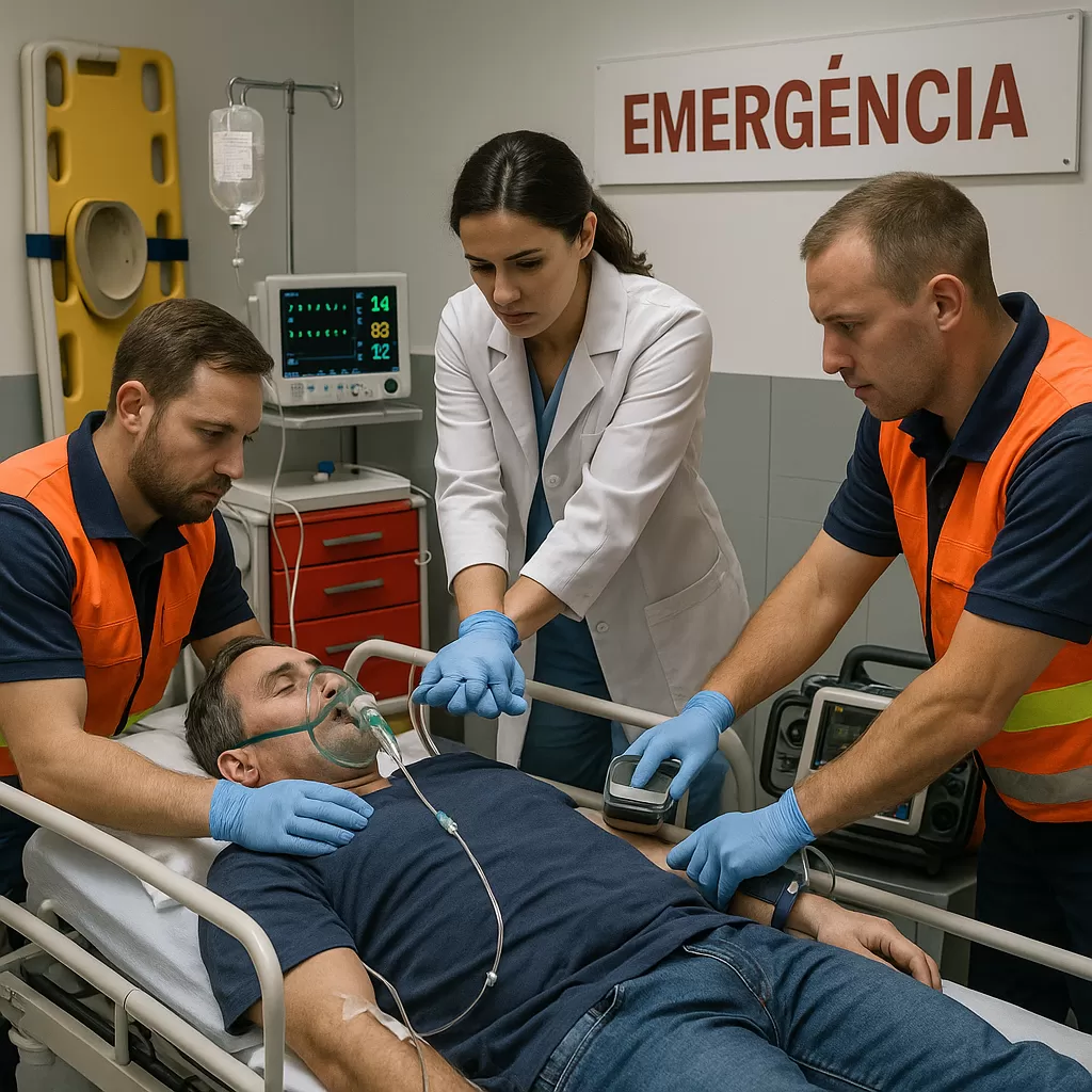 Equipe médica atendendo paciente em emergência hospitalar.