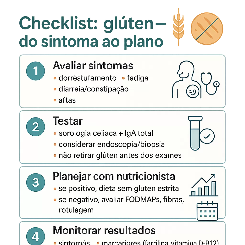 Checklist: avaliar sintomas, testar, planejar com nutricionista, monitorar resultados