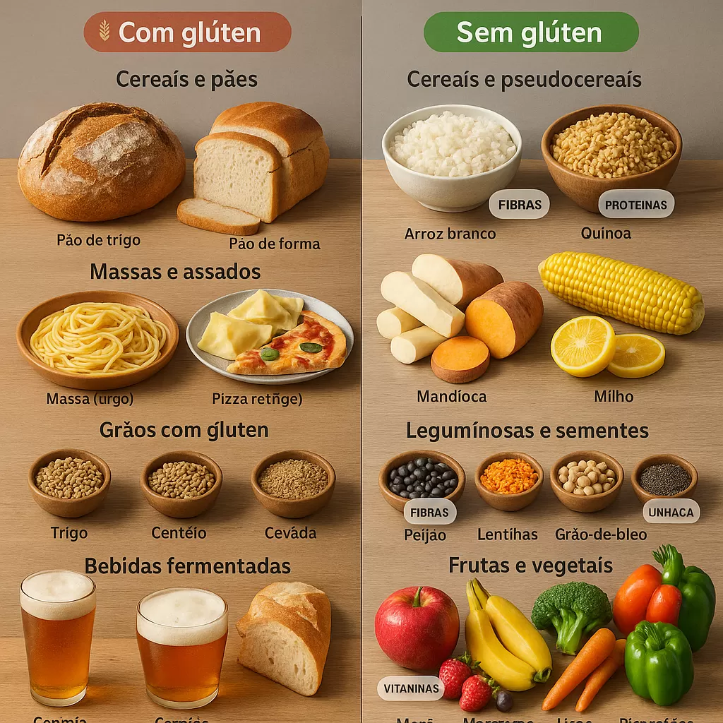 Composição de alimentos com e sem glúten — pão, massa e cerveja contrastando com arroz, frutas e vegetais
