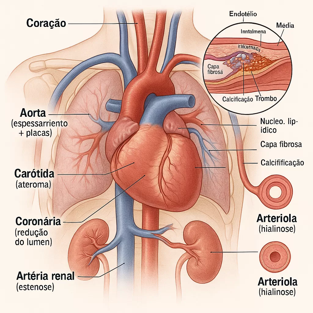 Ilustração mostrando coração e vasos sanguíneos afetados pela pressão alta.