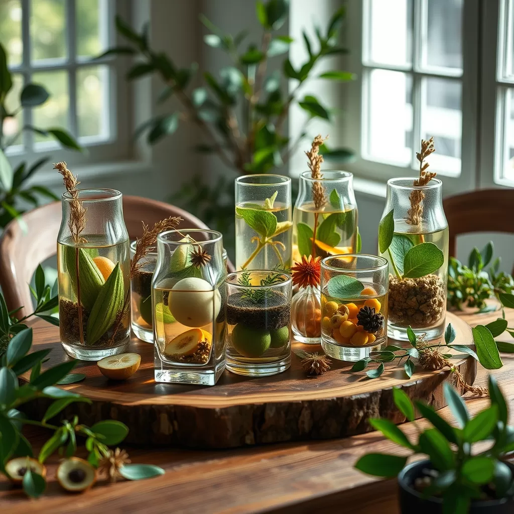 Frascos com extratos herbais e plantas em uma mesa de madeira, simbolizando fitoterapia