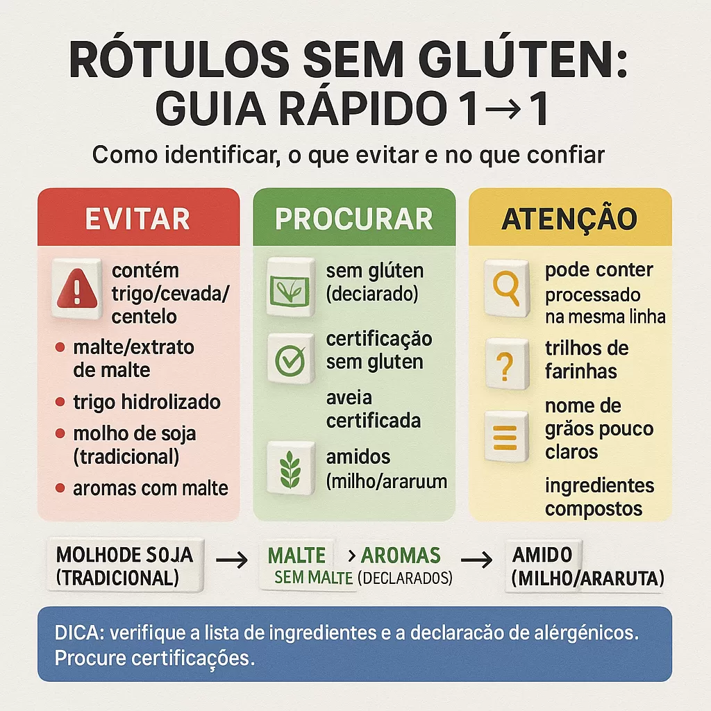 Diagrama: trigo, cevada e centeio ligados a alimentos óbvios e fontes ocultas de glúten — molhos, embutidos, cerveja