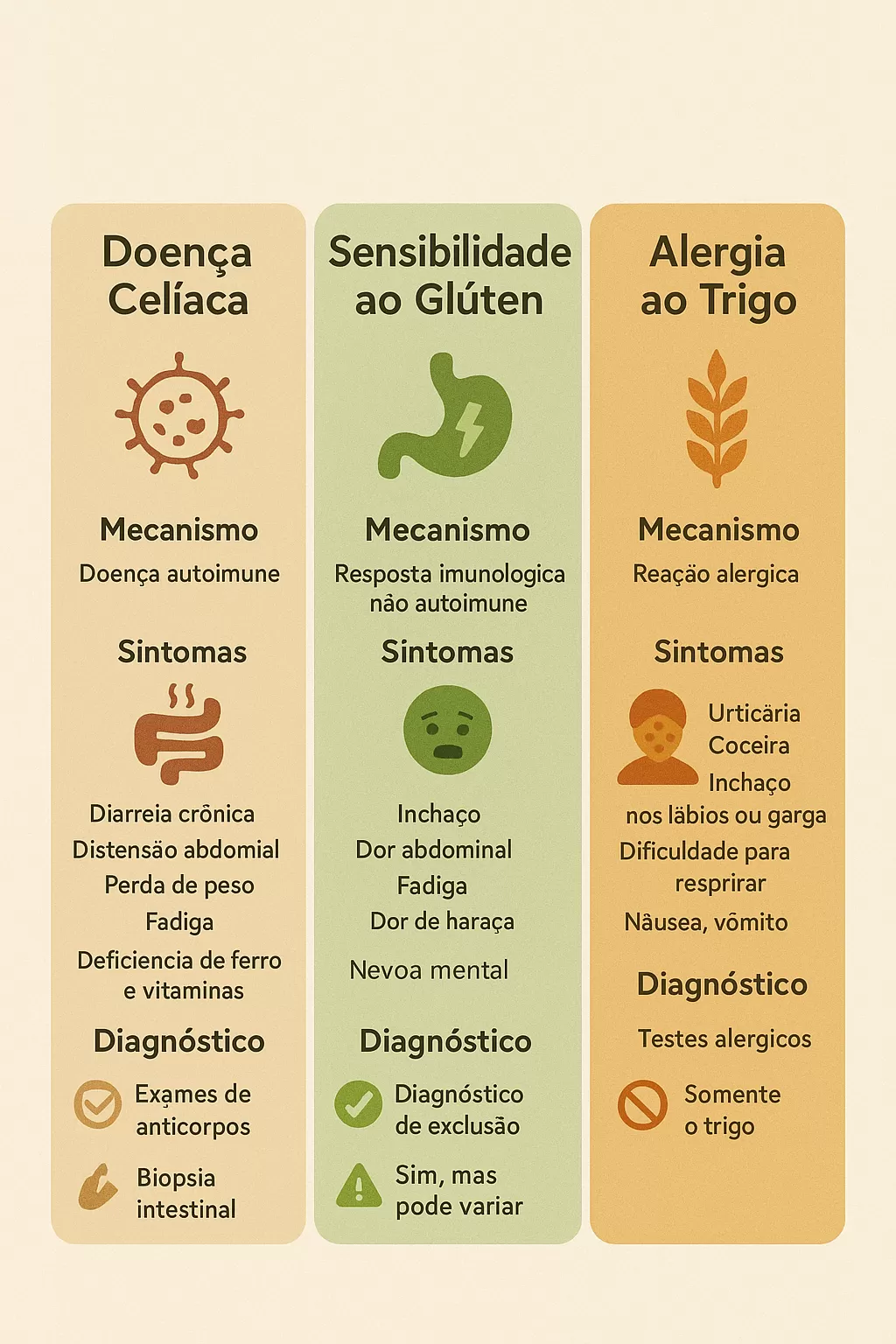 Infográfico: doença celíaca vs sensibilidade ao glúten vs alergia ao trigo — mecanismos, sintomas e necessidade de exclusão