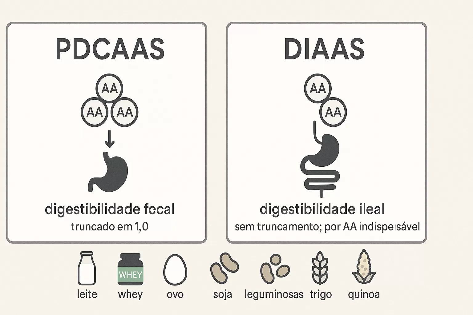 Infográfico simples comparando PDCAAS e DIAAS, destacando método de cálculo, digestibilidade e aplicação prática.