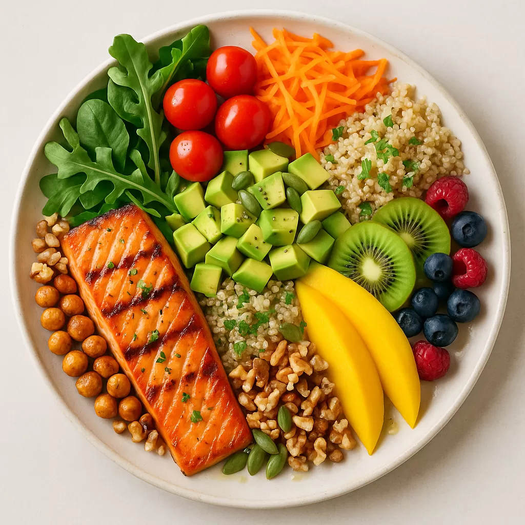 Prato colorido com frutas, verduras e grãos integrais representando a dieta DASH.