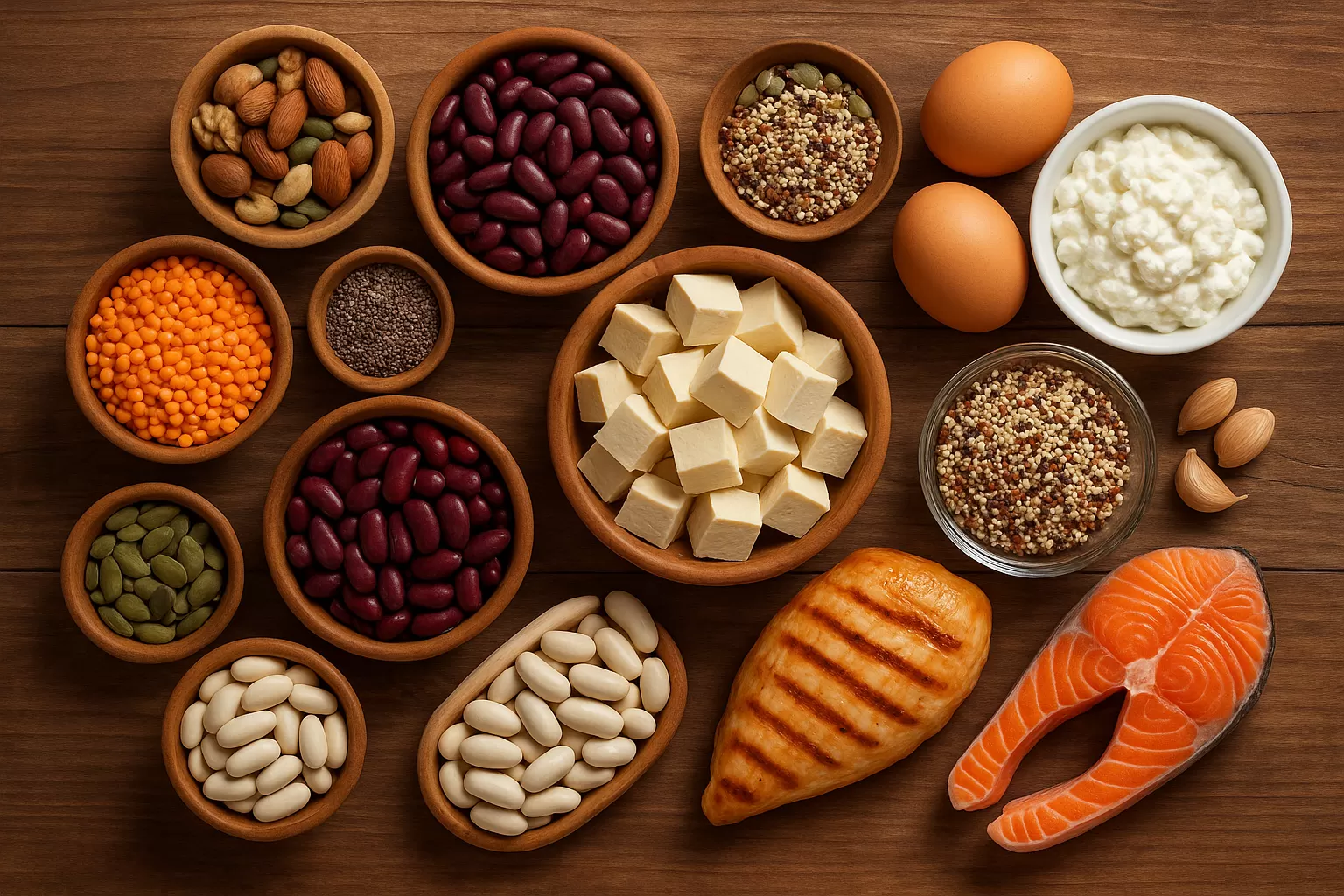 Fontes de proteína vegetal e animal lado a lado, como leguminosas, tofu, ovos e iogurte, para comparação equilibrada.