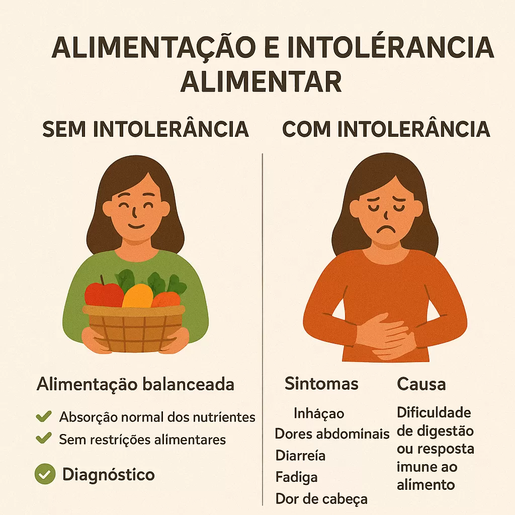 Comparativo: sem intolerância (alimentação balanceada) versus com intolerância (sintomas e necessidade de exclusão)