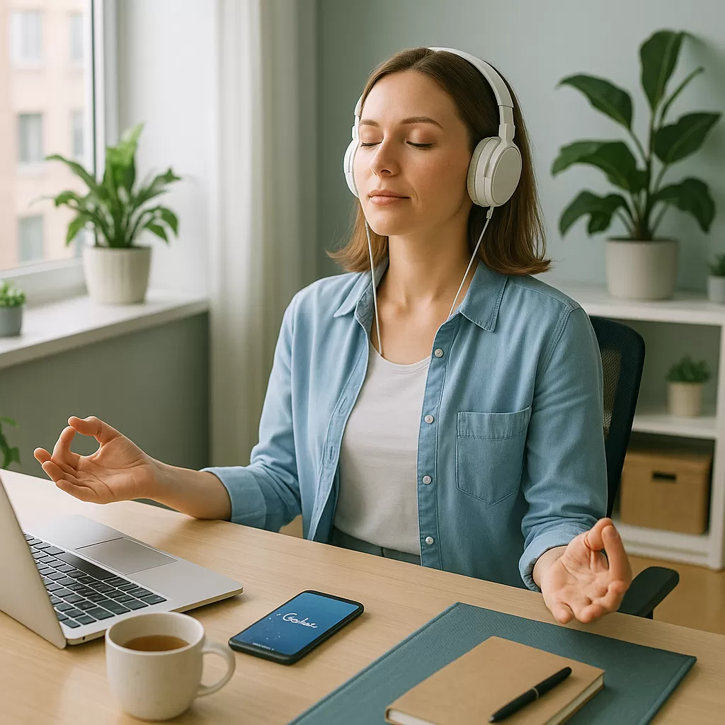 Pessoa praticando mindfulness no ambiente de trabalho